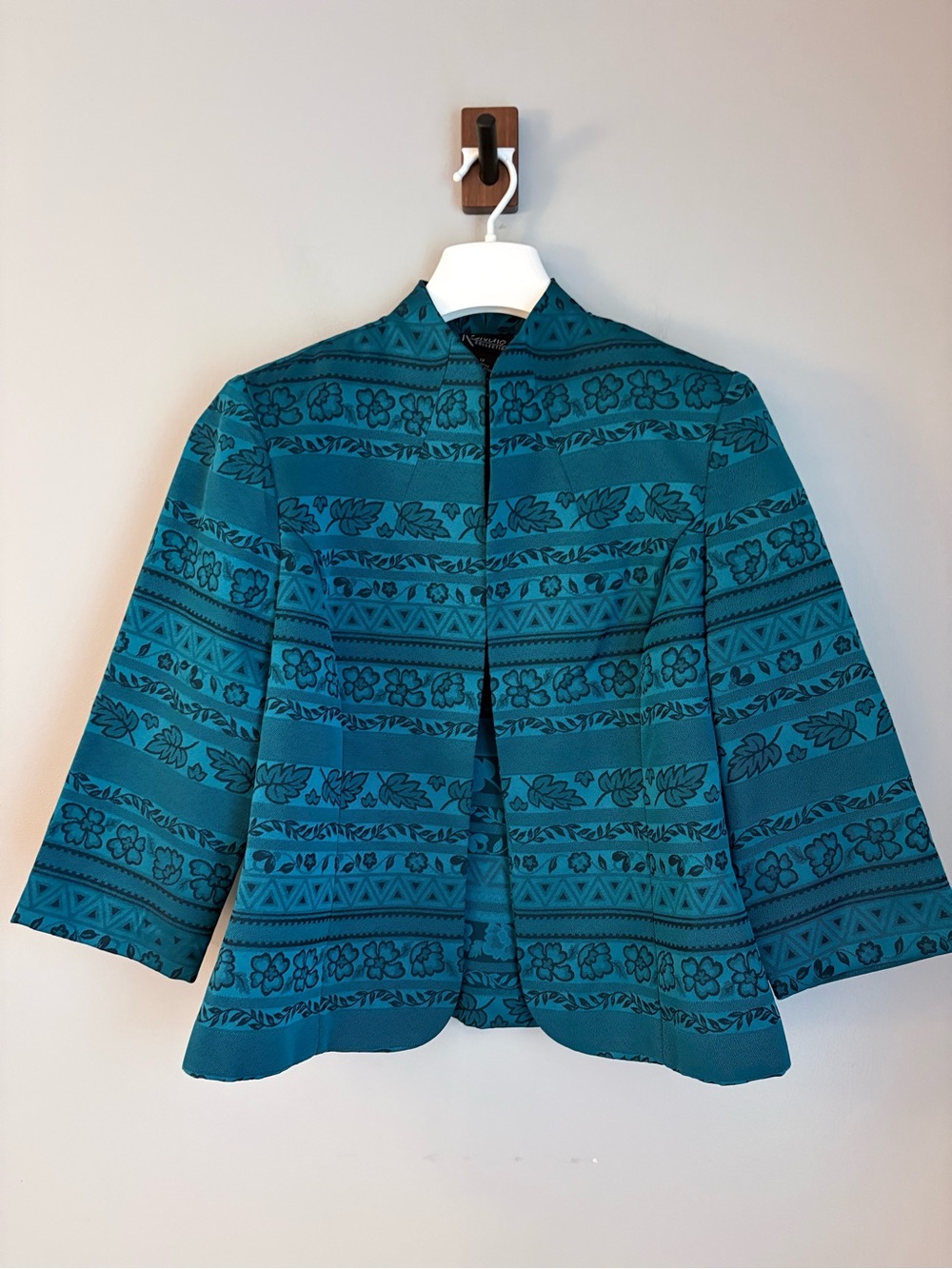 Kasvalo Collection Womens 12 Teal Floral Geometric Jacquard Open Front Blazer
